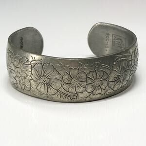 Vintage Kirk Stieff Pewter Cuff Bracelet Engraved Floral Daisy Domed Open Cuff